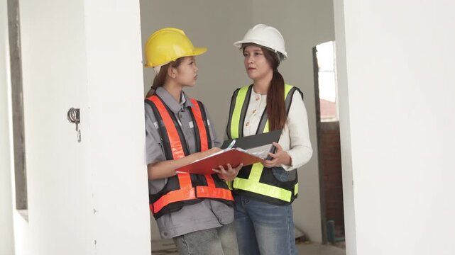 Two construction workers wearing safety helmets discussing renovation progress and reviewing plans inside unfinished building interior.