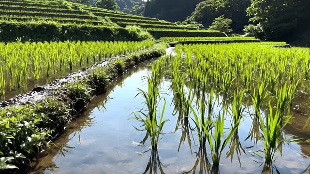 Lush Green Rice Terraces With Water Flowing Through Channels.