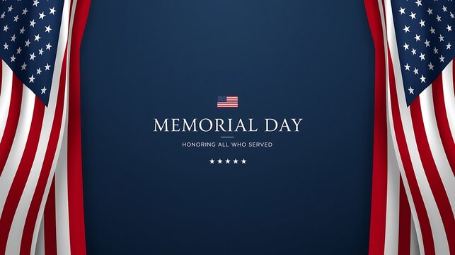Memorial Day background with United States flag curtains and text honoring all who served for national holiday celebration