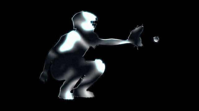 Silver metallic male baseball catcher crouching pose silhouette. Alpha channel. Seamless loop video.