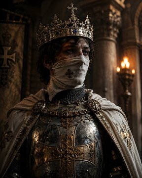 A cinematic portrait of King Baldwin IV of Jerusalem standing inside a grand medieval castle illuminated by warm torchlight. The young crusader king wears an ornate silver crown and highly detailed ro