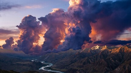 Fototapeta premium Dreamy atmosphere takes over at twilight concept. Stunning sunset clouds over mountains and river landscape.