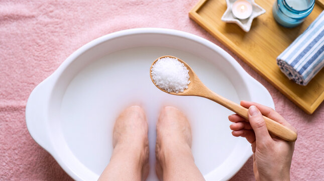 Overhead view of feet soaking in white bowl with wooden spoon of sea salt for home spa foot bath