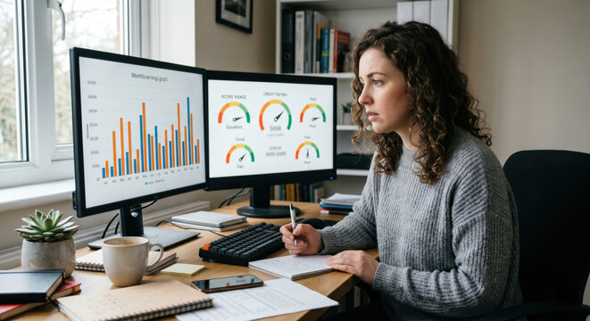Credit risk specialist analyzing freelancer income charts and gig economy credit scores on dual monitors for alternative underwriting decisions.