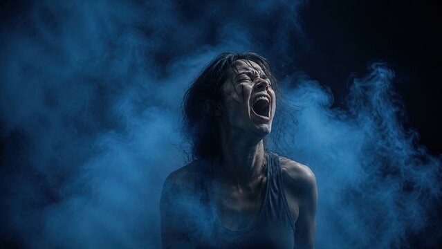 Woman screaming amid swirling blue smoke in studio