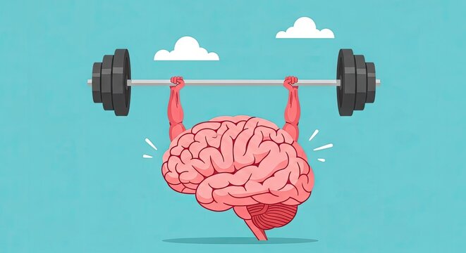 Cartoon brain lifting heavy barbell on blue background.