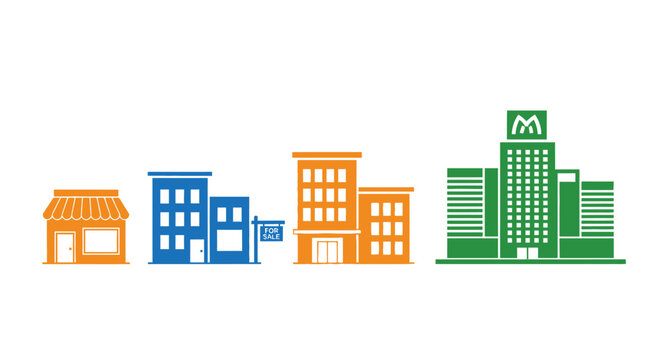 Vector illustration of various building types from small shop to large corporate complex, depicting real estate, urban development, and business growth stages.