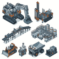 Isometric industrial machinery and equipment collection, including excavators, drills, conveyors, and mining trucks. © Nelya