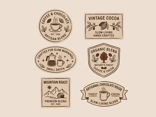 Obraz premium Vintage coffee and chocolate badge set for brand package, minimalist line art label on warm beige background, slow life concept