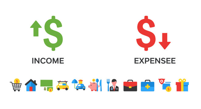 Financial Icons Representing Income Growth and Expense Reduction with Various Lifestyle Symbols