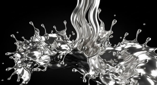 Chrome liquid metal splash on black background.