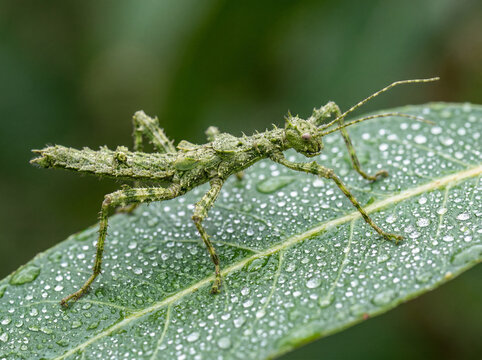 Camouflaged green stick insect resting on a wet leaf covered in dew drops