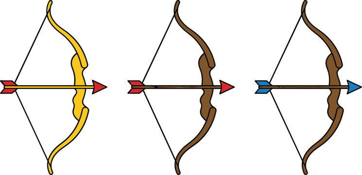 Wooden bow and arrow archery icon set vector illustration featuring yellow and brown longbows with nocked fletched hunting arrows isolated on white.
