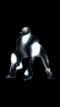 Silver metallic male baseball fielder catching ball silhouette. Alpha channel. Seamless loop video.