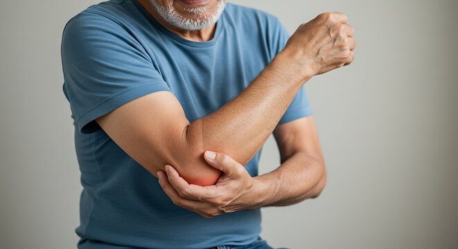 Man in blue shirt shows elbow pain.