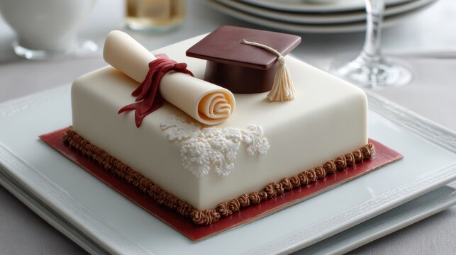 Elegant graduation cake with mortarboard and diploma fondant decorations