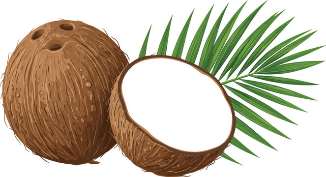 Fresh brown coconut vector illustration featuring a whole nut half piece with white flesh and green palm leaf isolated on white background.
