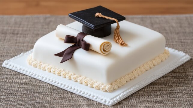 Elegant white fondant graduation cake with mortarboard and diploma topper