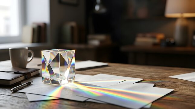Glass prism refracting light into spectrum rainbow on office desk