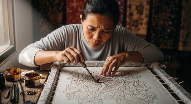 A skilled female artisan creating traditional Indonesian batik art.
