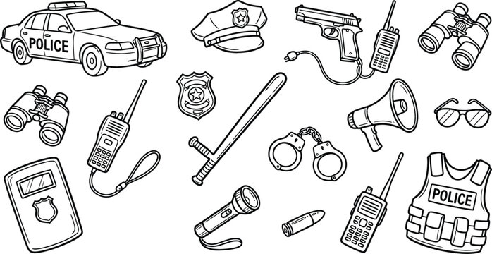 Police equipment and law enforcement line icon doodles set vector illustration featuring car badge handcuffs walkie talkie gun baton vest and binoculars.
