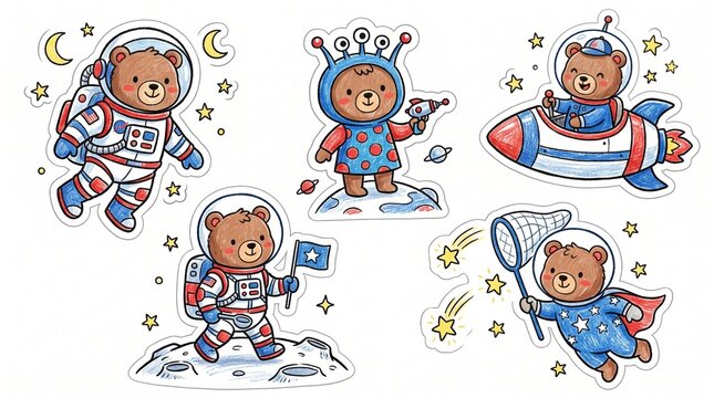 Cute astronaut bear sticker set, hand-drawn teddy bear space explorers, whimsical galaxy nursery illustrations, 5 cosmic animal characters