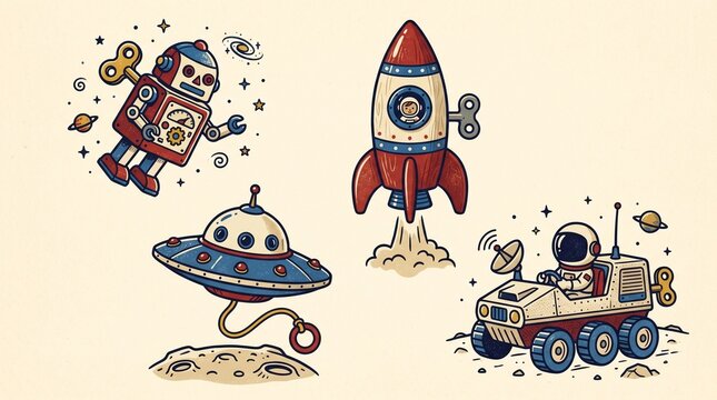 Vintage tin toy space collection, retro wind-up robot and rocket ship illustrations, nostalgic sci-fi astronaut rover and flying saucer set