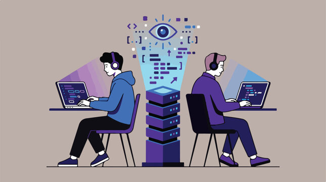 Two programmers working on computers with robotic element