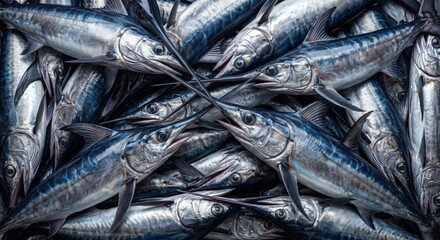Obraz premium Freshly caught swordfish pile displayed at a bustling local fish market featuring shiny metallic scales and sharp elongated bills in a high contrast overhead view