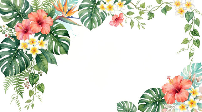 Watercolor tropical floral frame with hibiscus monstera leaves and plumeria.