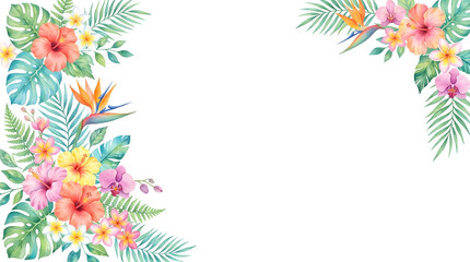 Obraz premium Watercolor tropical floral frame with exotic flowers and palm leaves.