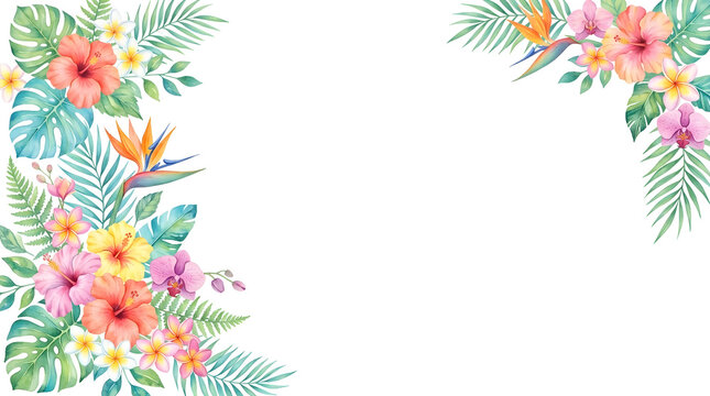 Watercolor tropical floral frame with exotic flowers and palm leaves.