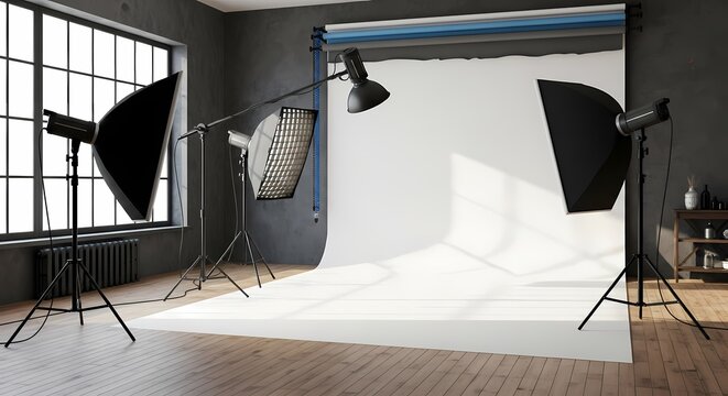 Professional photo studio setup with backdrop, lighting equipment and large windows.