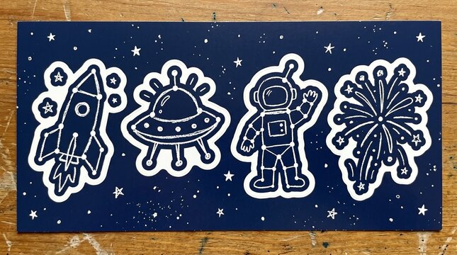 Space exploration sticker set, navy blue cosmic patches with rocket and astronaut, constellation style galaxy decals on wooden background