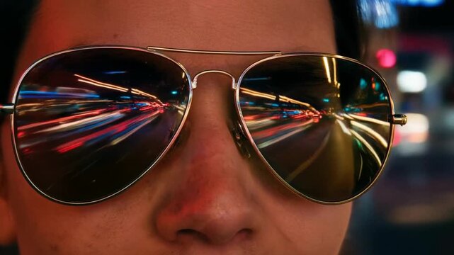 Fluffy rich cats in sunglasses and chains riding luxury open car concept. Close up of reflective aviator sunglasses showing vibrant city lights and motion blur at night