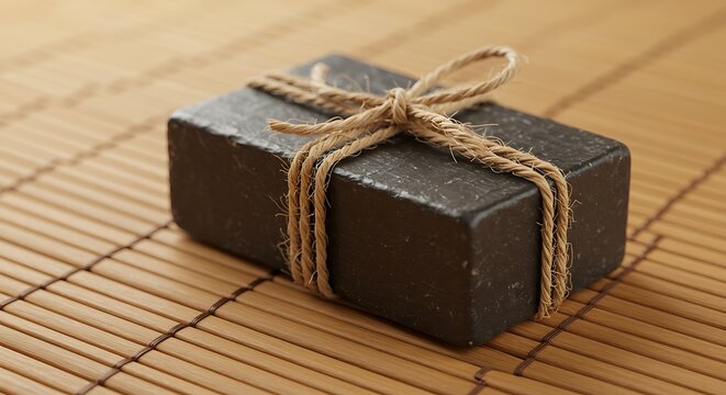 Rustic Handmade Soap Bar Wrapped in Twine on Bamboo Mat.