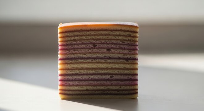 A single slice of traditional Indonesian Lapis Legit layered cake.