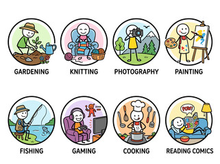 Fototapeta premium A colorful illustration of people enjoying hobbies like gardening, knitting, photography, painting, fishing, gaming, cooking, and reading comics.