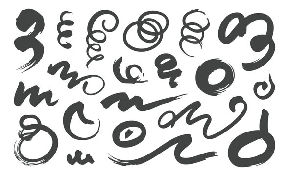 Abstract hand drawn ink scribbles and curly spiral design elements