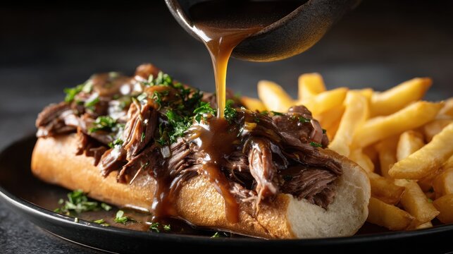 Braised pulled beef sandwich with gravy being poured over French fries