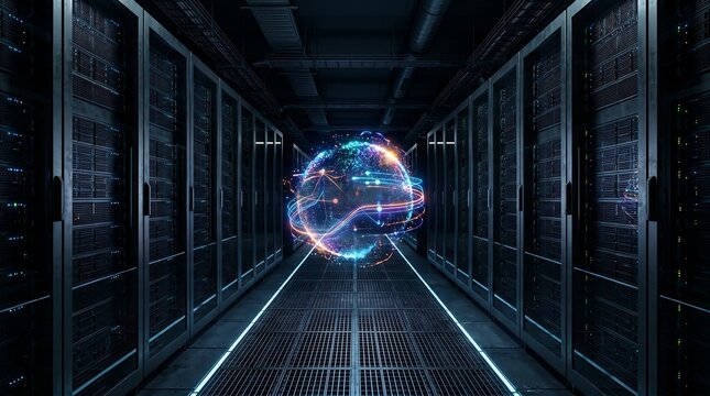 Abstract colorful globe of light and energy in a dark server corridor keywords: abstract, globe