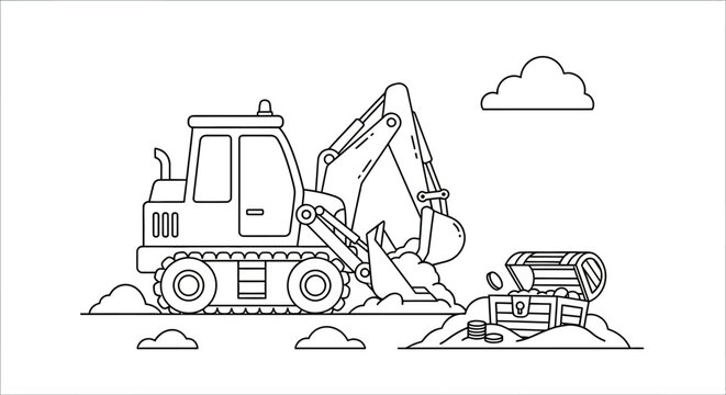 Outline illustration of a backhoe digging up a treasure chest from the ground, with clouds in the sky.
