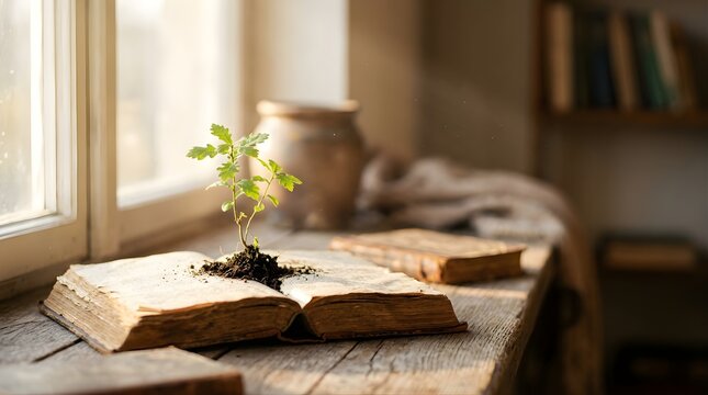 Small green sapling growing from an open vintage book on a rustic table