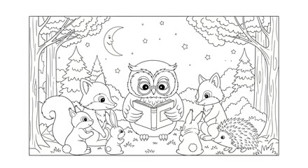 Fototapeta premium Cute forest animals gathered around an owl reading a book under the moonlight, black and white illustration for coloring