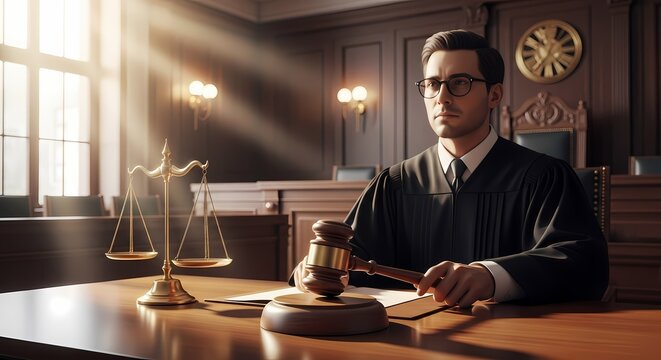 Judge in Courtroom with Gavel and Scales of Justice, Legal Authority Concept