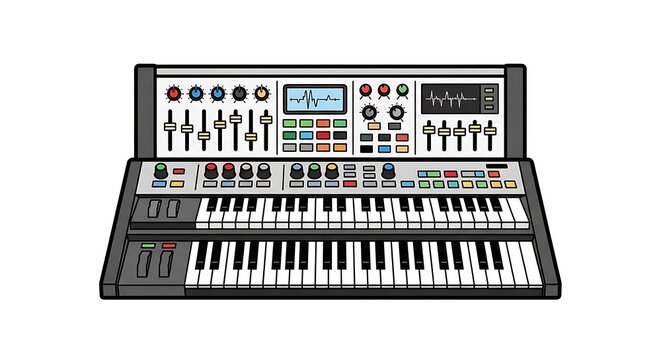 Vintage Synthesizer with Keyboard and Controls.