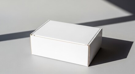 Naklejka premium A clean and minimalist white cardboard box stands on a soft grey surface, featuring soft natural lighting and elegant shadows for design, box, retail, presentation