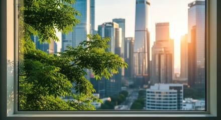 Naklejka premium A clear window reveals a sprawling urban skyline with tall buildings and a lush green tree branch growing right outside in the sunlight, apartment, modern, office