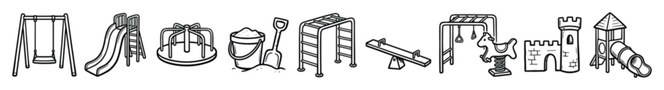 Playground equipment icons. Park play structures, outdoor games, kids activity symbols, children entertainment, line art collection.