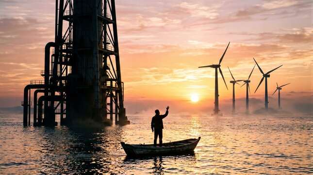 Silhouette of man in boat between oil rig and wind turbines at sunset, energy transition concept